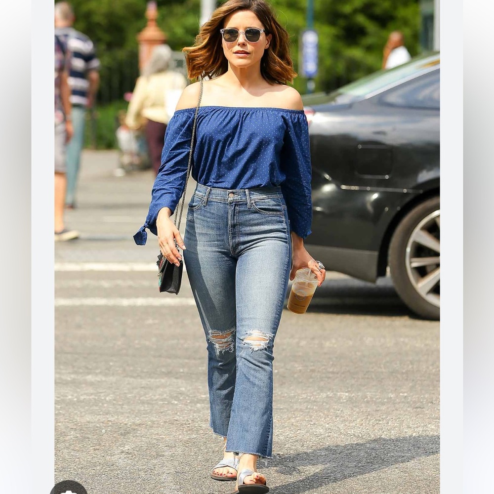 MOTHER the hustler Light Blue Distressed ankle gray kick Flare Jeans